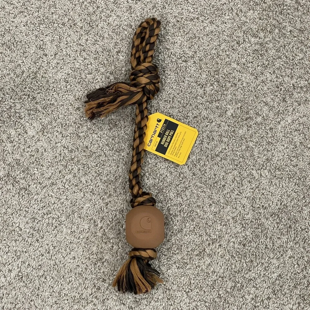 NEW Carhartt Dog Rope Pull Toy Durable Rubber Ball Tug Fetch Chew Brown PT0274